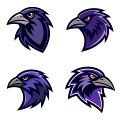 Fototapeta premium Four stylized raven head illustrations in varying shades of purple and gray on a white background