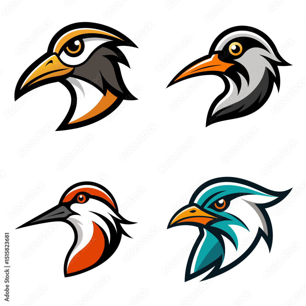 Poster four bird head logos with different colors and styles on a white background in a flat design style