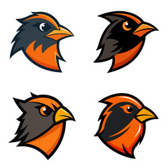 Fototapeta premium Four stylized bird heads with orange and black plumage displayed in a square arrangement design