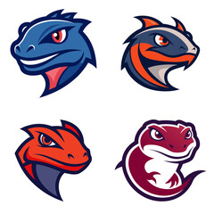Fototapeta premium Collection of four stylized lizard head illustrations in varying colors and designs with unique features