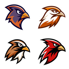 Collection of four stylized bird head logos featuring different color schemes and sharp design elements