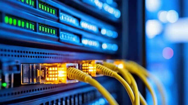 Network server rack with glowing indicator lights and multiple yellow ethernet cables connected, showing modern data center technology, fast internet connection, secure environment, blue lighting