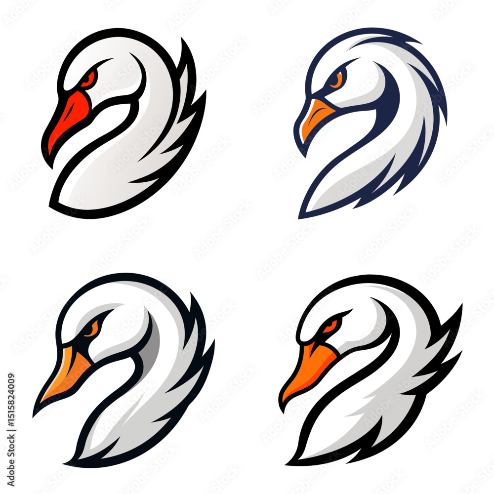 Poster collection of four swan head illustrations with different styles and color variations shown