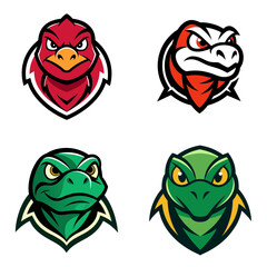 Four fierce animal mascot logos featuring a red bird and three green and red reptile designs shown