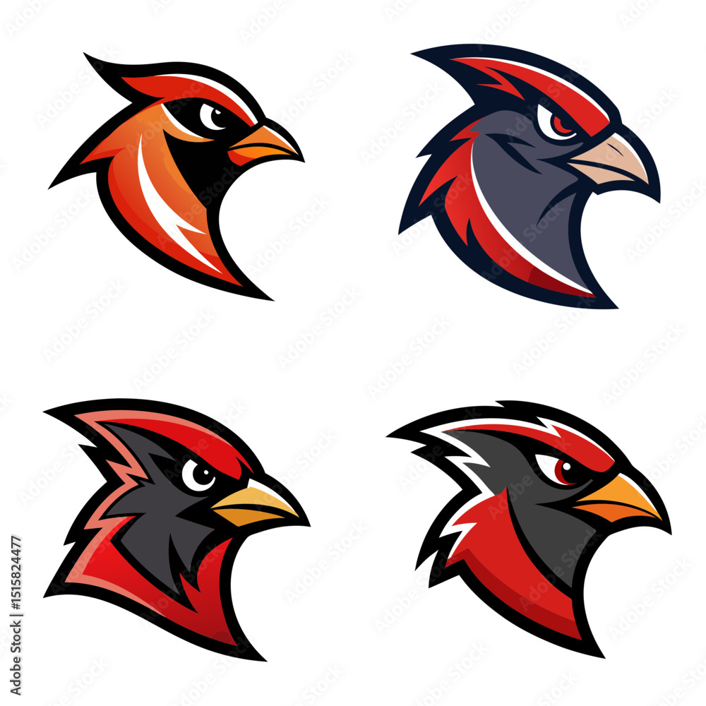 Poster four cardinal bird head logos in different color schemes with sharp and modern design elements prese