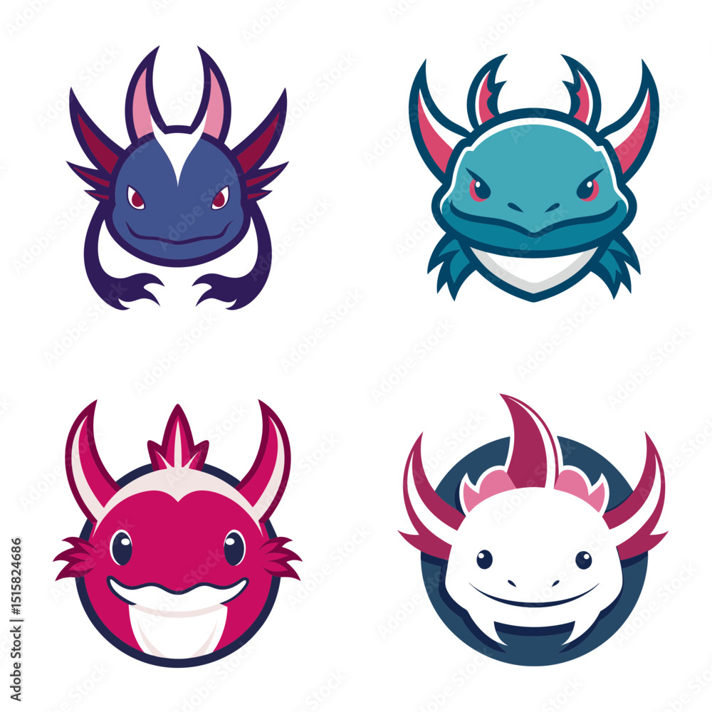 Poster four cartoon axolotl heads with different colors and expressions in a square layout on white backgro