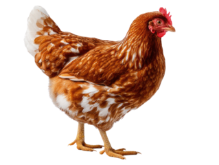 Healthy Hen: A single, healthy hen stands proudly, with a vivid display of its intricate feather patterns. Highlighting the robust structure and the beauty of farm life.