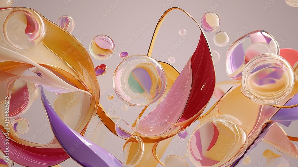 Poster Colorful abstract 3D composition with floating shapes and dynamic swirls in colorful objects and pastel tones