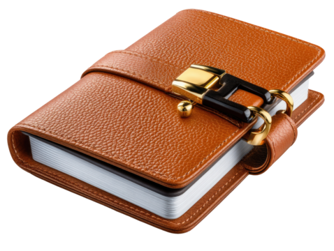 Leather Notebook: A detailed shot of a leather-bound notebook, its rich texture and secure clasp suggesting organization and timeless elegance.