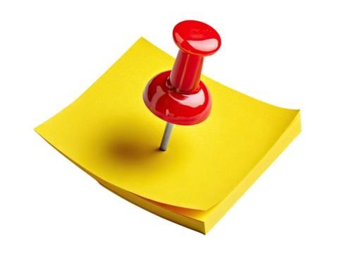Yellow Sticky Note with Pushpin: A vibrant yellow sticky note is affixed with a bold red pushpin, capturing attention and signifying importance.