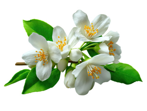 Jasmine Bloom: delicate petals of jasmine flowers unfurl, their pristine white offering a fragrant and beautiful sight, accompanied by rich green leaves.