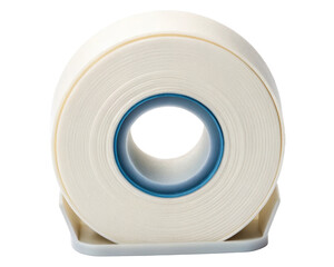 White adhesive paper tape roll on a plastic dispenser on a transparent background
