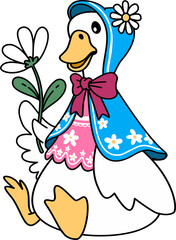 Cartoon Goose Wearing Bonnet with Daisy Illustration
