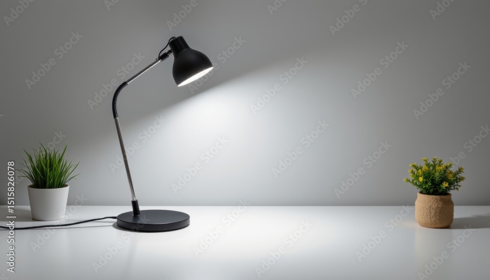 Poster a modern minimalist desk lamp illuminates the space alongside a potted plant, creating a simple but 