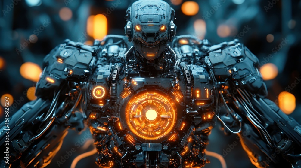 Poster advanced combat robot with complex wiring system on its chest and arms, flashing lights background w