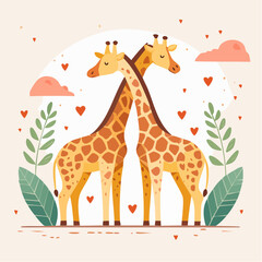 Obraz premium Giraffe's Affection: Capturing a tender moment, two giraffes embrace amidst a serene backdrop of nature's love and beauty. 