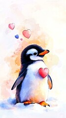 Obraz premium Valentine Penguin Nursery Wallpaper Cute penguin expressing love with hearts. Cute Baby Penguin Love Illustration Adorable Animal Heart Pattern Design