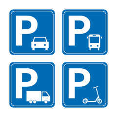 Set of blue parking lots signs. Letter - P, collection of parking symbols. Truck, scooter, car and bus parking signs isolated on white background.