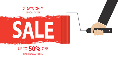 Repairman or businessman hand uses paint roller and paints red grunge background with discount offer. Promotion original banner, sales poster, price tag