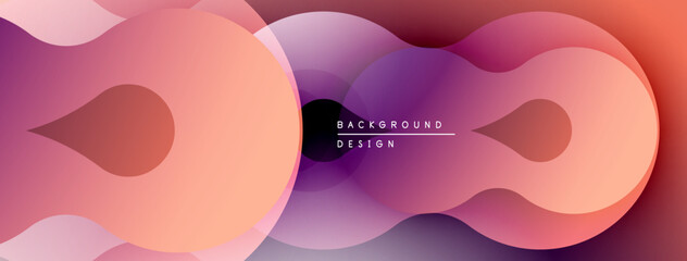 Abstract fluid shapes overlap, creating vibrant gradients. Pink, purple, orange hues dominate design. Modern aesthetic.