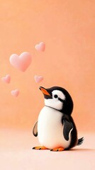 Obraz premium Valentine Penguin Nursery Wallpaper Cute penguin with hearts, symbolizing love. Cute Baby Penguin Love Illustration Adorable Animal Heart Pattern Design