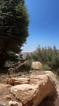 Precision rifle with telescopic sight and camouflage finish set in a rocky arid environment near a tree, ready for long range shooting.