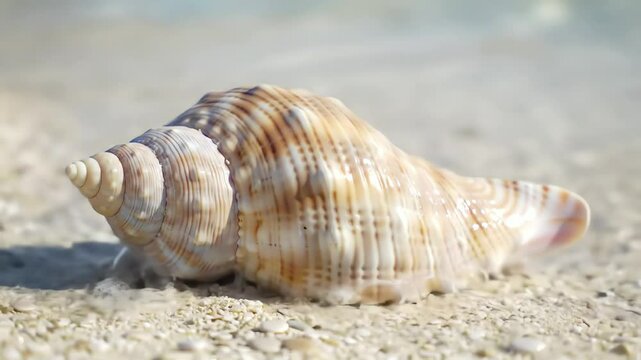 Close up conch seashell on sandy beach with gentle ocean waves washing over it in bright sunlight