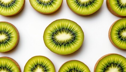 Fototapeta premium A vibrant image showcasing a selection of fresh kiwi fruit slices arranged in a symmetrical pattern