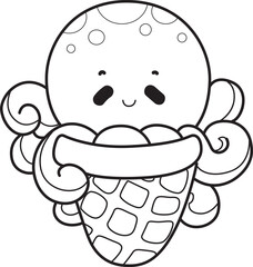 Outline of Cute Kawaii Happy Octopus Vector Icon set.