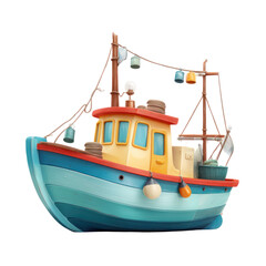 Charming Cartoon Fishing Boat Isolated on Black with Bright Color.