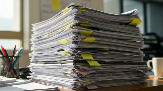 Stacked paperwork with sticky notes on office desk in natural light  