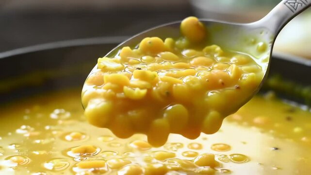 Close up of a spoon scooping steaming hot yellow lentil dal soup from a cooking pot