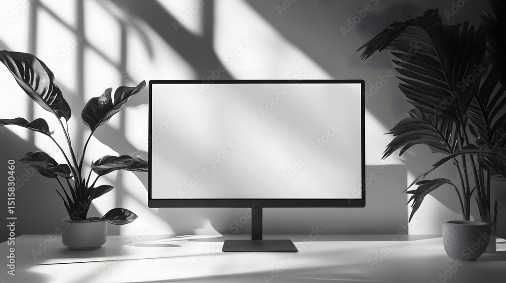 Poster empty computer monitor on a desk with plants.