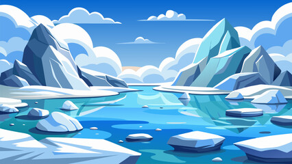 Majestic Winter Landscape. Frozen River and Snowy Mountains