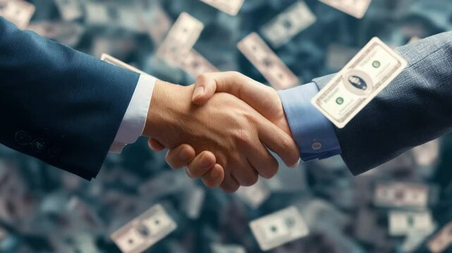 Business handshake, partnership, agreement, and success concept with two people suits shaking hands, surrounded by falling money, symbolizing trust, cooperation, investment, finance, and financial