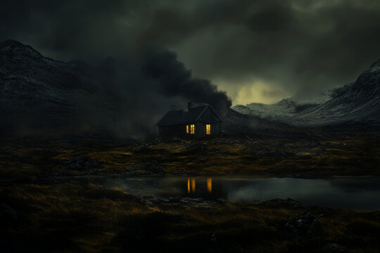 A haunting and shadowy landscape with thick smoke rising from a deserted, dilapidated house, set against a dramatic backdrop of jagged, rugged mountains under a dark sky.