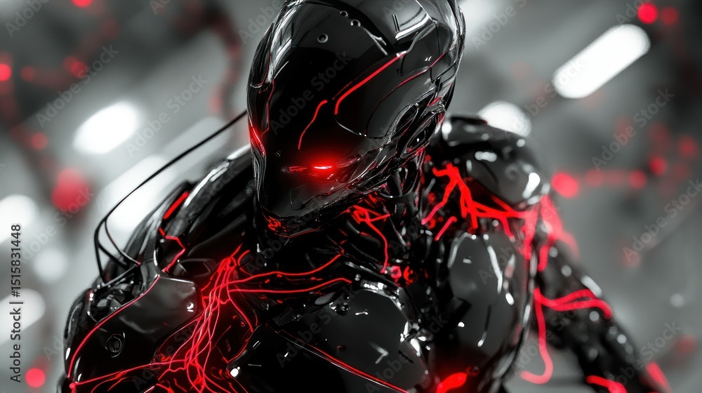 Poster advanced robot soldier, dark metallic armor with intricate wiring, background wallpaper ai generated