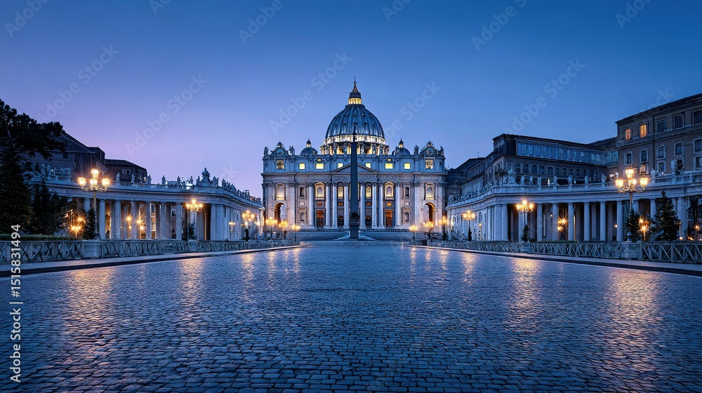 Poster the illuminated square in front of st. peter's basilica at dawn.