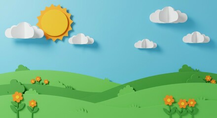 Fototapeta premium Green Hills with Sun and Clouds Paper Cut Landscape