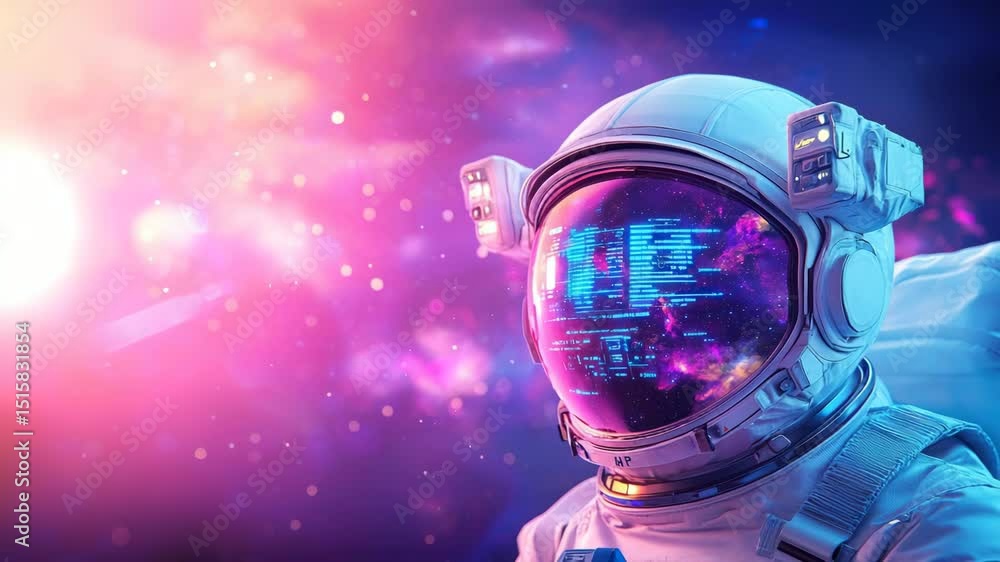 Poster astronaut futuristic space suit with digital helmet visor reflecting vibrant galaxy, glowing cosmic 