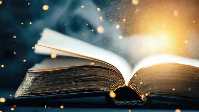 Open book with golden glowing light and magical particles, symbolizing fantasy, knowledge, inspiration, and literature, as pages turn with flying sparks and dreamy atmosphere, creating sense