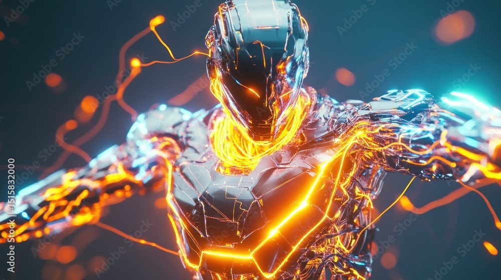 Poster advanced combat robot with complex wiring system on its chest and arms, flashing lights background w