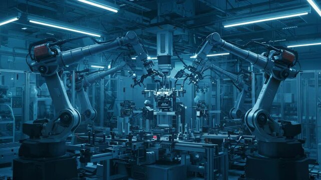 Automated robotic arms working in a high-tech manufacturing facility  