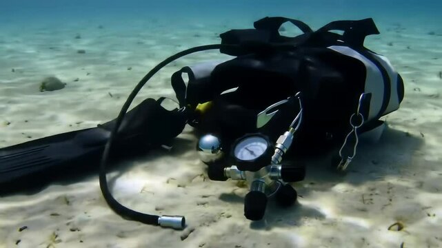 Scuba Diving Equipment Resting on Sandy Seabed with Bubbles Rising Underwater