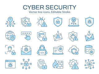 Cyber security icons, such as shield, lock, safety, safe and more. Vector illustration isolated on white. Editable stroke. Change to any size and any color.