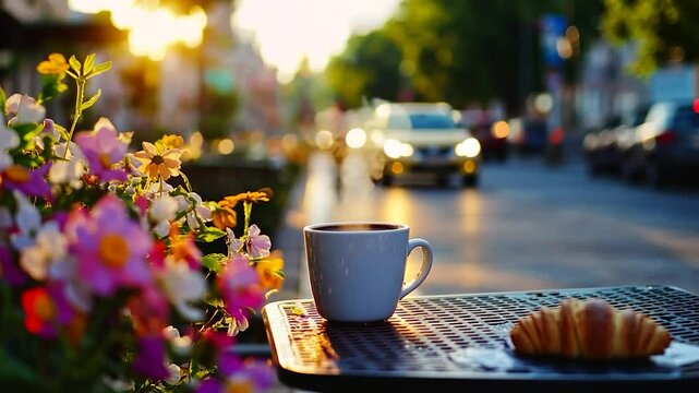 Outdoor coffee and croissant at sunset