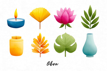 Fototapeta premium Icon grid of 10 Obon symbols floating lantern incense stick lotus flower paper fan traditional yukata temple bell ancestor portrait candle river full mo