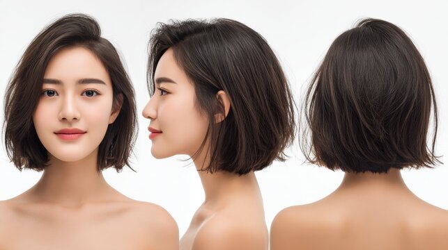 Female hairstyle shown from three angles	