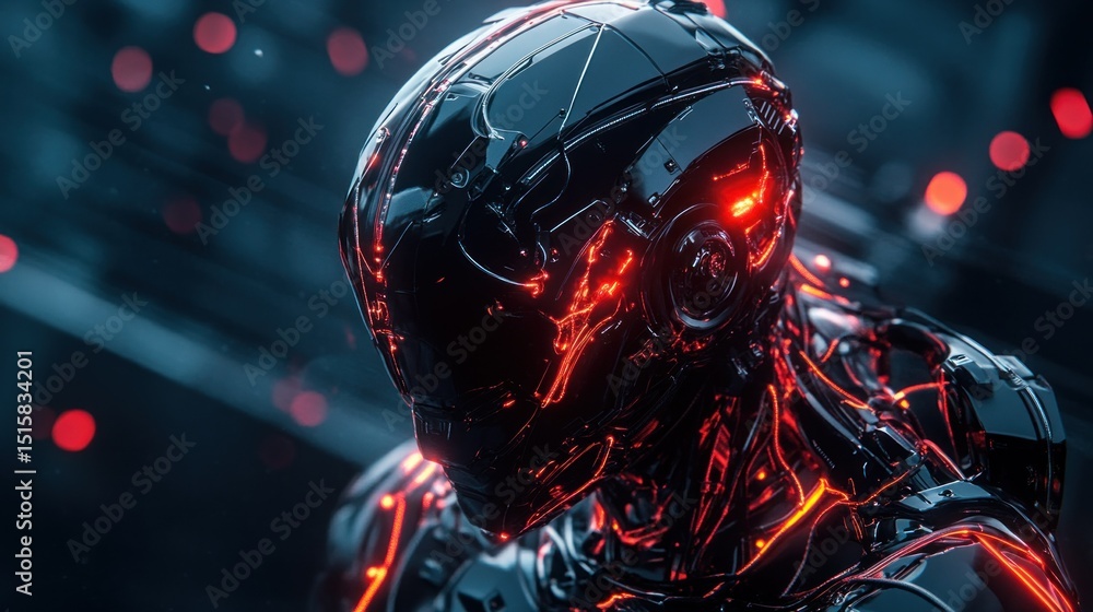 Poster advanced robot soldier, dark metallic armor with intricate wiring, background wallpaper ai generated