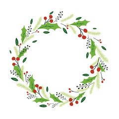 Christmas vector illustration of floral wreath isolated on white background. Circle frame of season greeting card.